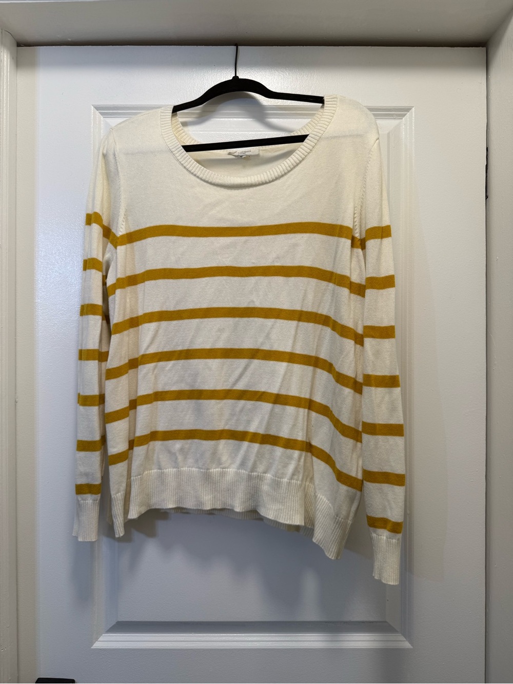 Candace Cameron Bure Cream Sweater with Mustard Stripes